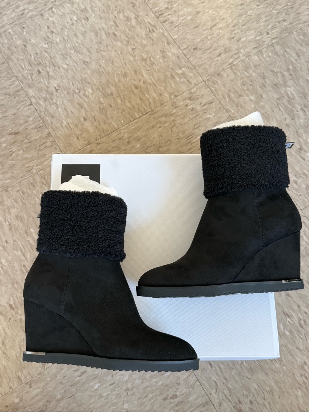 DKNY Black Wedge Ankle Boots with Shearling Cuff